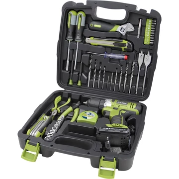 Extol Craft akkus fúrócsavarozó, 12V, Li-ion, 1db 1300 mAh akku + 46 db szerszámkészlet