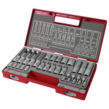 FORTUM bitdugófej és dugókulcs klt. 1/4" és 1/2", TORX, 32db; 61CrV5 
