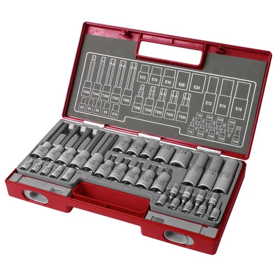 FORTUM bitdugófej és dugókulcs klt. 1/4" és 1/2", TORX, 32db; 61CrV5 
