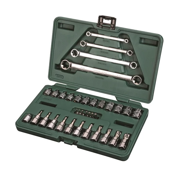 SATA E-Torx csillag- és dugókulcs készlet 1/4" és 3/8" kofferben 35 részes