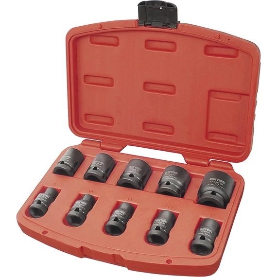 Extol Premium gépi (impakt) dugófej készlet 1/2", 10db, 9-27mm × 37 mm ; feketített, műanyag tartóban